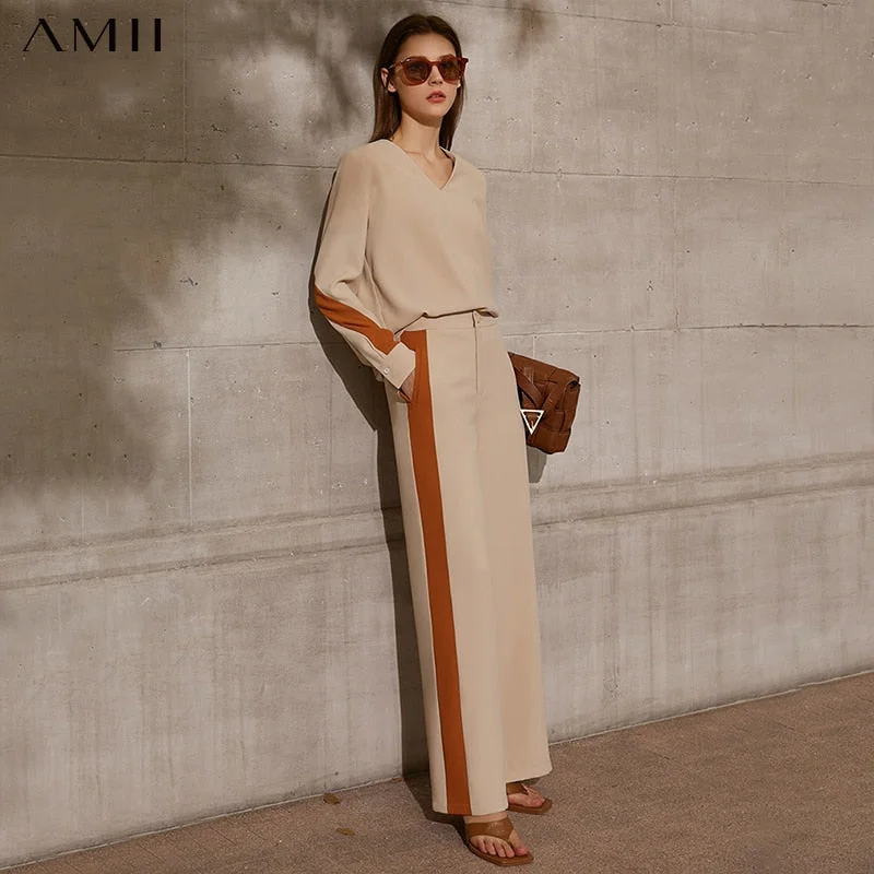 Graduation Gift  AMII Minimalism Summer Blouse For Women Fashion Vneck Patchwork Women's Shirt Causal High Waist Loose Women's Pants 12130088