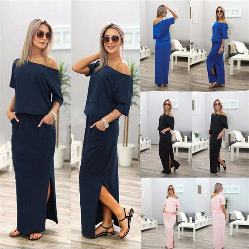 Awakecrm New Sexy Summer Loose Casual Solid Color Long Dress Half Sleeve Slash Neck Off Shoulder Ankle -Length Cotton Straight Dress