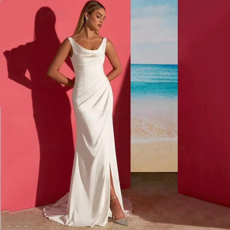 Awakecrm Simple Mermaid Beach Wedding Dress White Satin O-Neck Spaghetti Straps Backless Pleat Bridal Gown Sweep Train