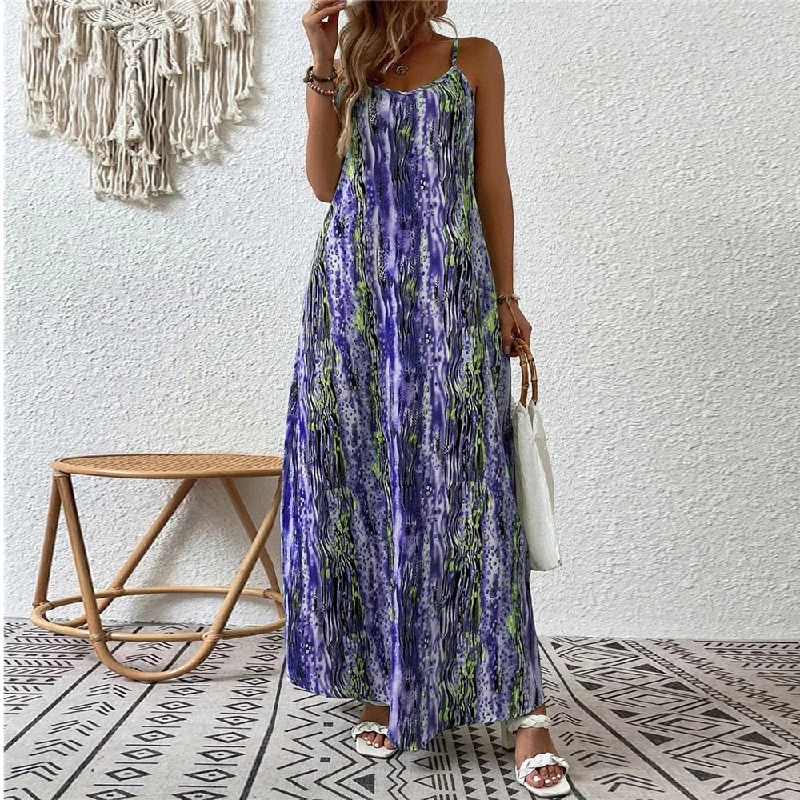 Awakecrm Women Sexy Off Shoulder Spaghetti Strap Vimtage Print Long Dress Summer New Casual Loose Holiday Elegant Robe Maxi Vestidos 9073