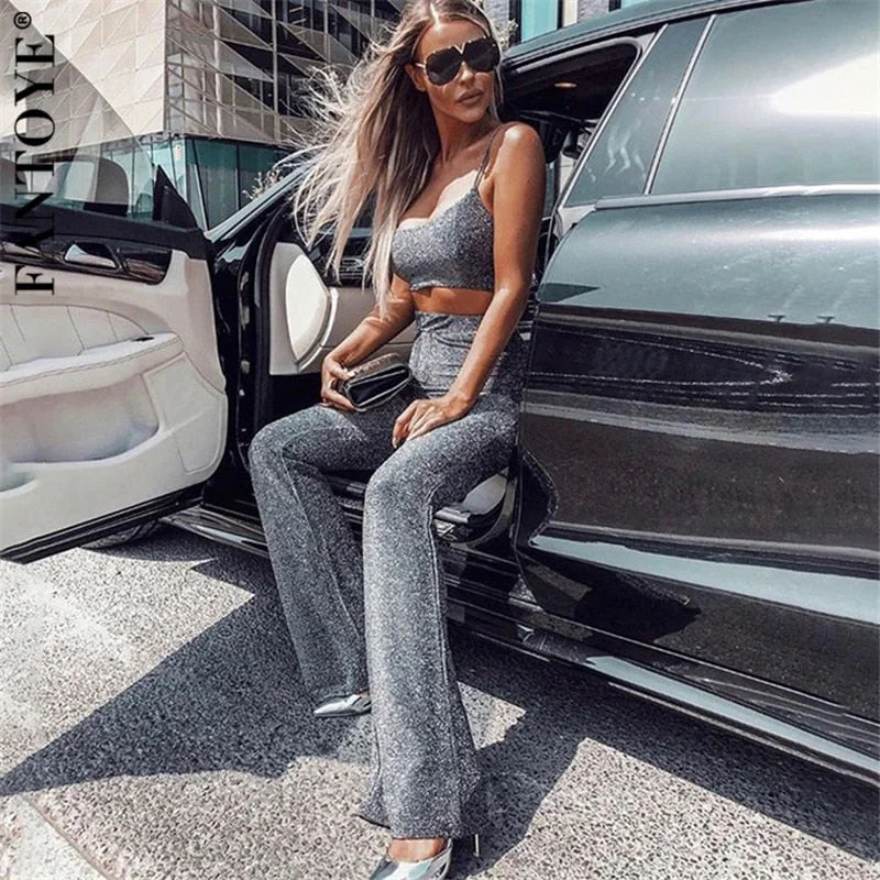 FANTOYE Silver Glitter High Waist Women Pants Skinny Elastic Clubwear Push Up Long Pants Female Casual Shinny Flare Trousers