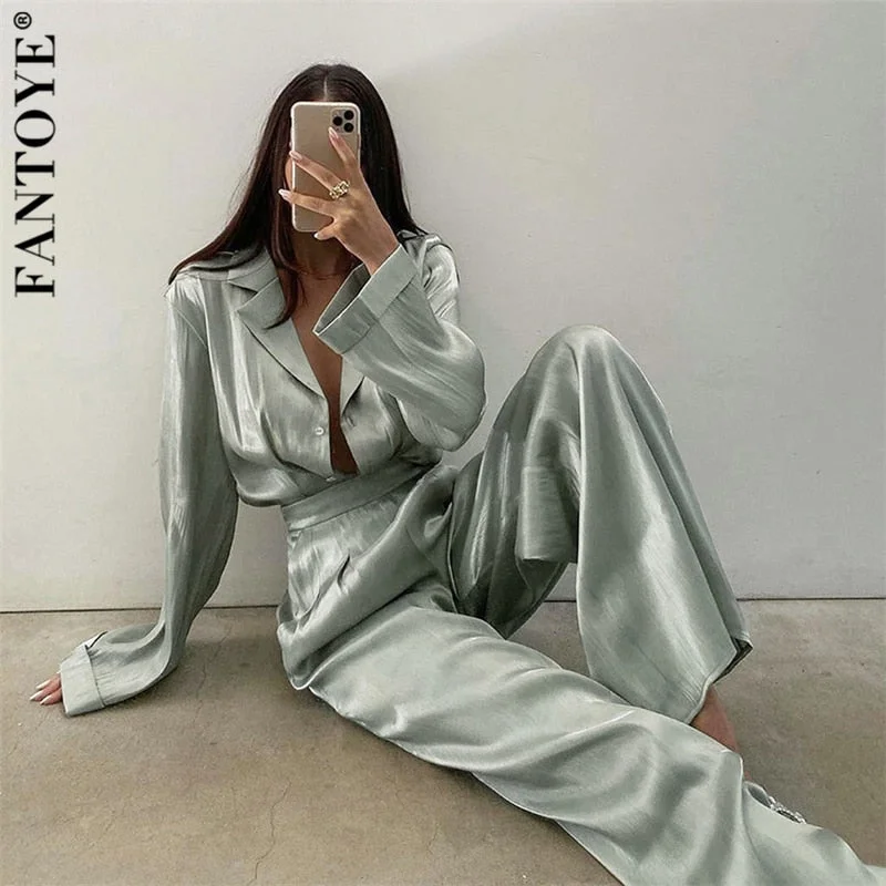 FANTOYE Vintage Two Piece Sets Pearl Green Shirt And High Waist Wide Leg Pants 2 Piece Set Female Elegant Deep V Neck Jumpsuit