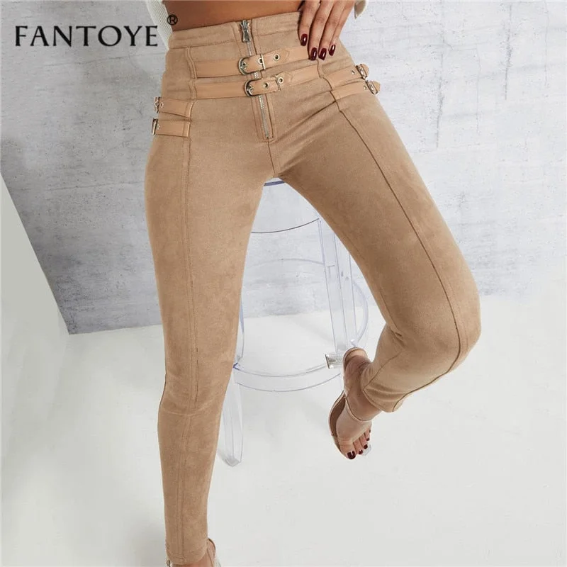 Fantoye Women Casual Bodycon Bandage Suede Pants  Classic Basic Khaki Trousers Ladies Pencil Pants Elastic Women‘s Pants