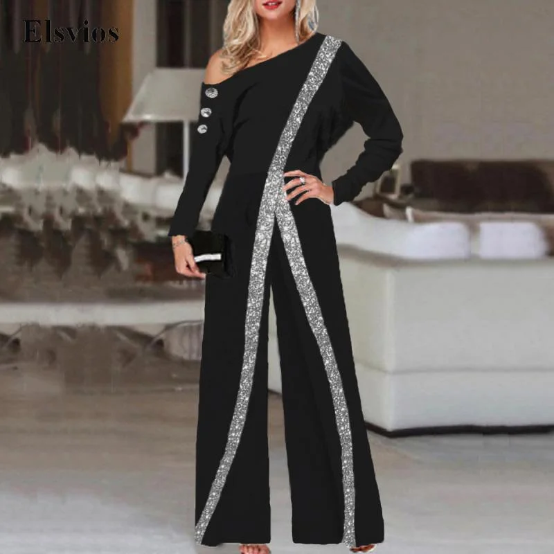 Fashion Glitter Striped Women Jumpsuit Spring Casual Long Sleeve Overalls Playsuit Office Ladies Wide Leg Pant Party Romper