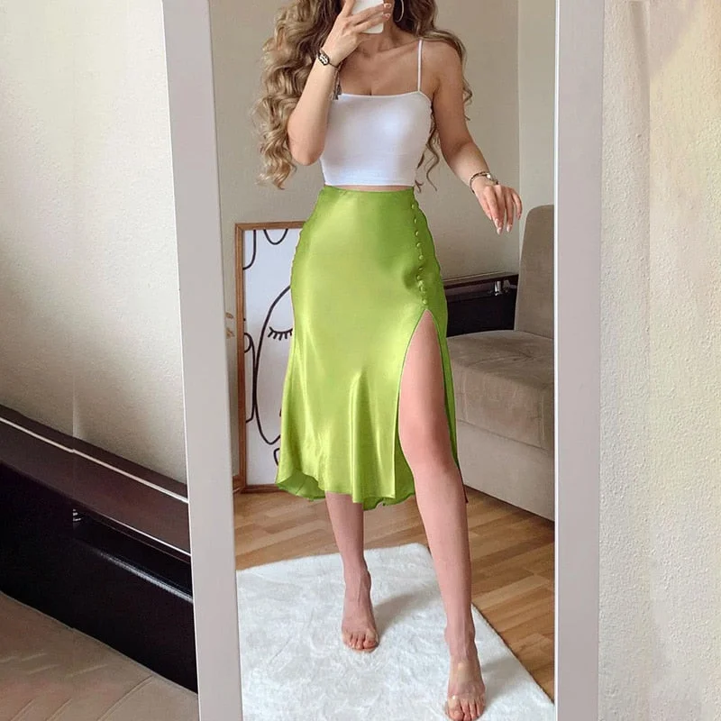 Fashion Women Two Piece Set Party Wear Solid Spaghetti Strap Cropped Top & Midi Slit Skirt Sets