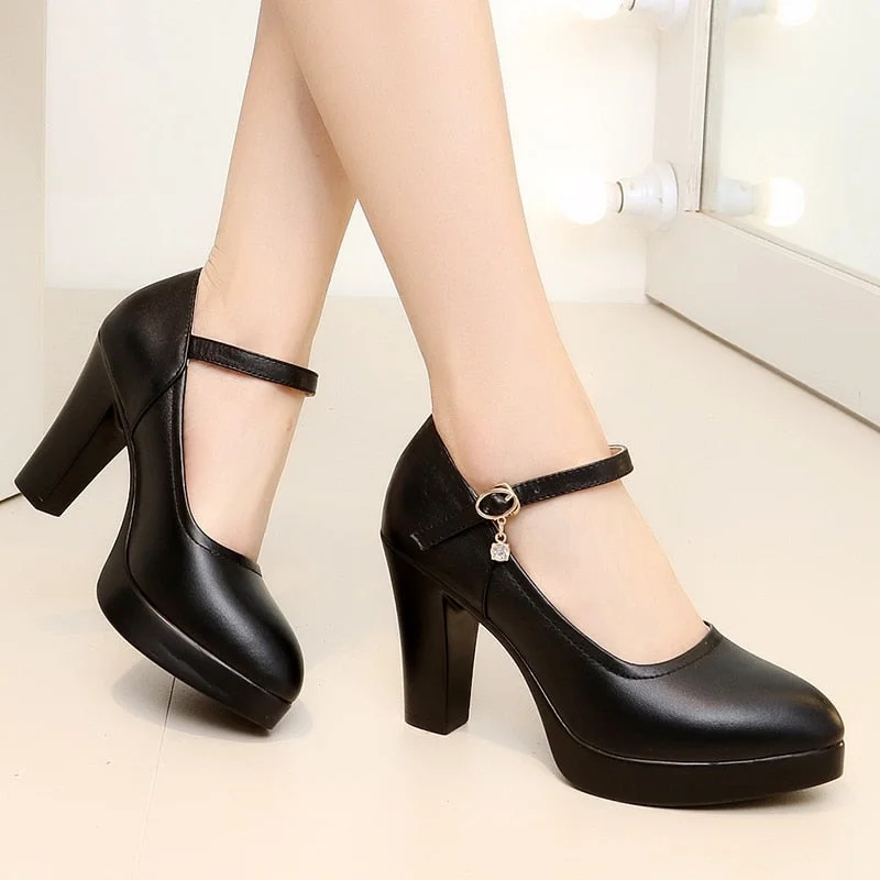 Awakecrm High Heels Platform Pumps Mujer  Spring New Fashion Buckle Solid Black Shoes Woman PU Leather Waterproof Shoes Femme