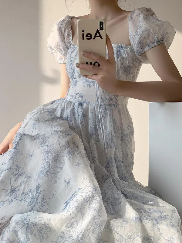 Joskka Blue Floral Print Dress Women Summer Puff Sleeve Off Shoulder Long Dresses French Style Elegant Lace-up Fairycore Holiday Dress