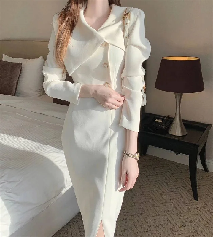 Joskka Fashion Solid Temperament Mid-Length Dress Korean Sweet Lapel Sexy Slim Hip Split Dress Women's  Fall Hoco Dress