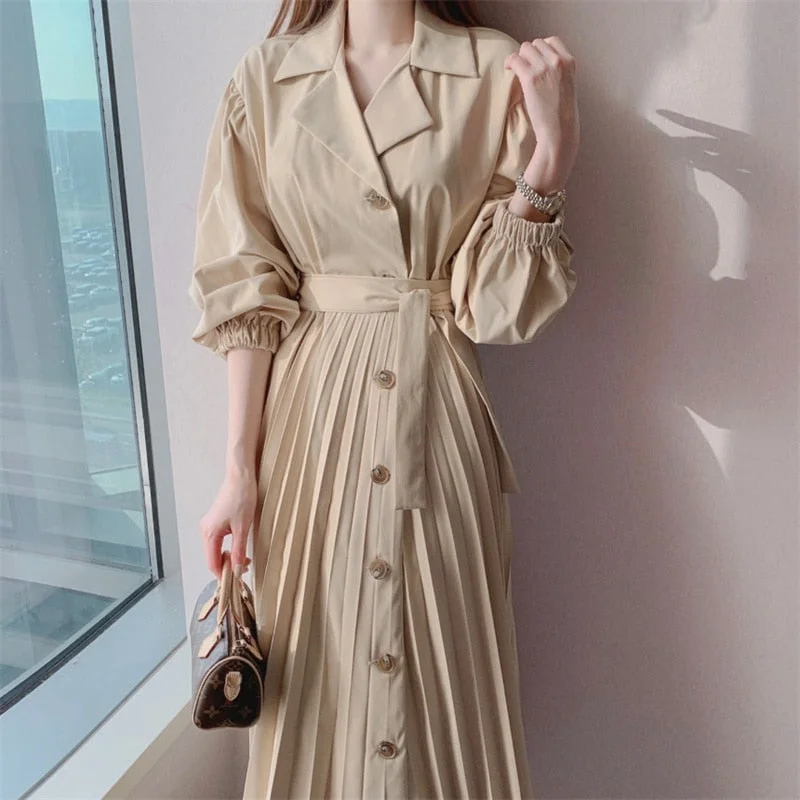 Joskka Korean Women Elegant Lapel Single Breasted Bandage Pleated Dress Vintage Long Lantern Sleeve Autumn New Hoco Dress