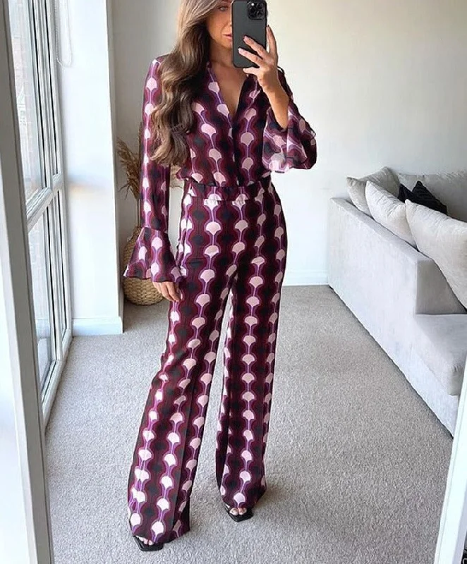 Awakecrm Print Vintage 90'S Women Outfit Trouser Suit Flare Sleeve Co-ord Notched Long Oversized Shirt High Waist Straight Pant