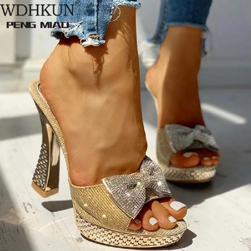 Awakecrm Trendy Fashion Female Bowknot Sexy Slippers  Summer Slippers Women Platform Crystal Thick High Heels Shoes Woman