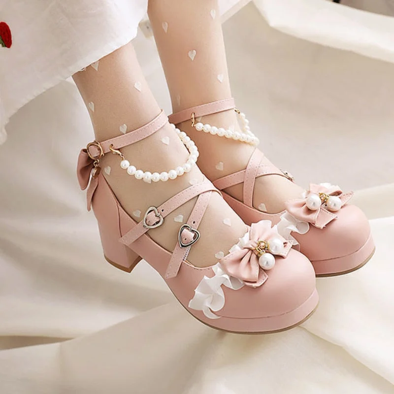 Awakecrm Women High Heels Mary Jane Pumps Party Wedding Cosplay White Pink Black Ruffles Bow Princess Cosplay Lolita Shoes