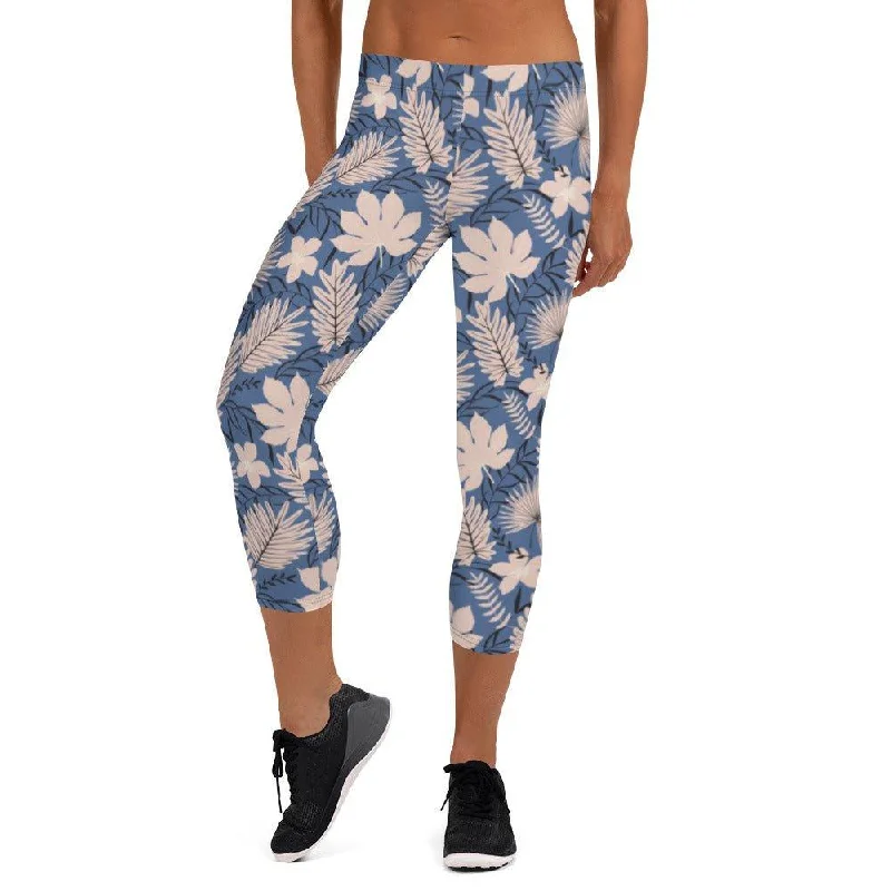 Blue Tropical Flower Women's Capri Leggings