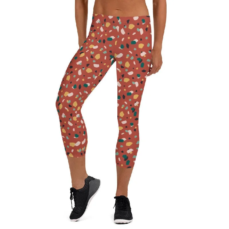 Brown Tropical Pattern Women's Capri Leggings