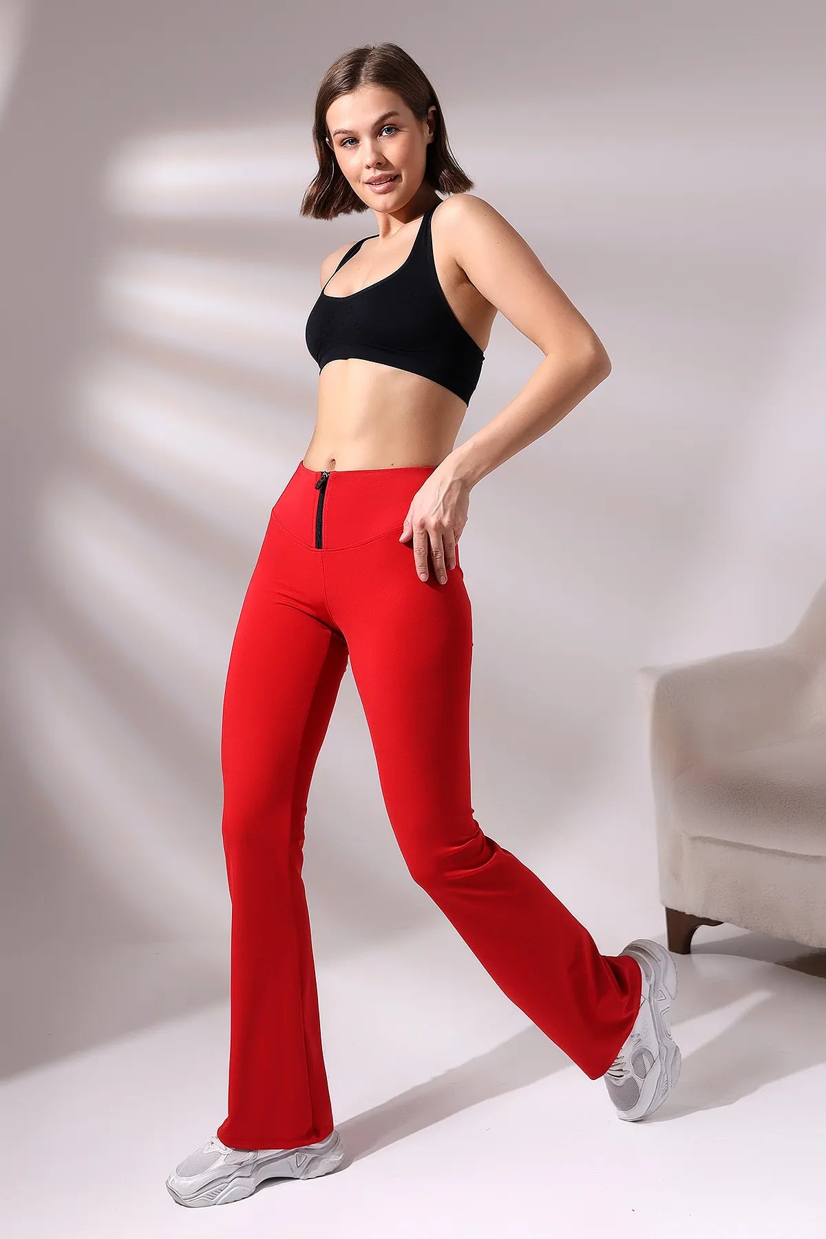 EMFURE Women's Red Zippered Spanish Leg Sports Leggings