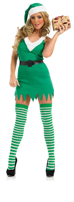 Ladies Flirty Elf + Stockings Fancy Dress Christmas Costume