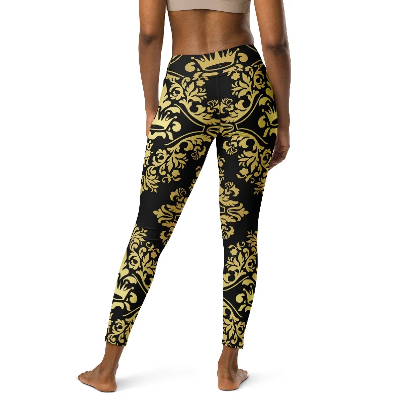 Gold and Black Crown Design Yoga Leggings, lioness-love