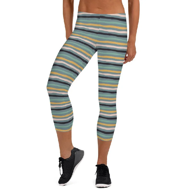 Green Tropical Stripes Women's Capri Leggings