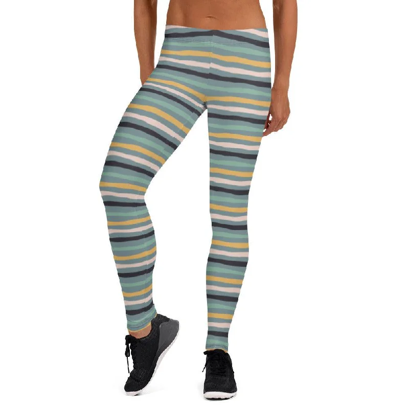 Green Tropical Stripes Women's Mid-Rise Leggings