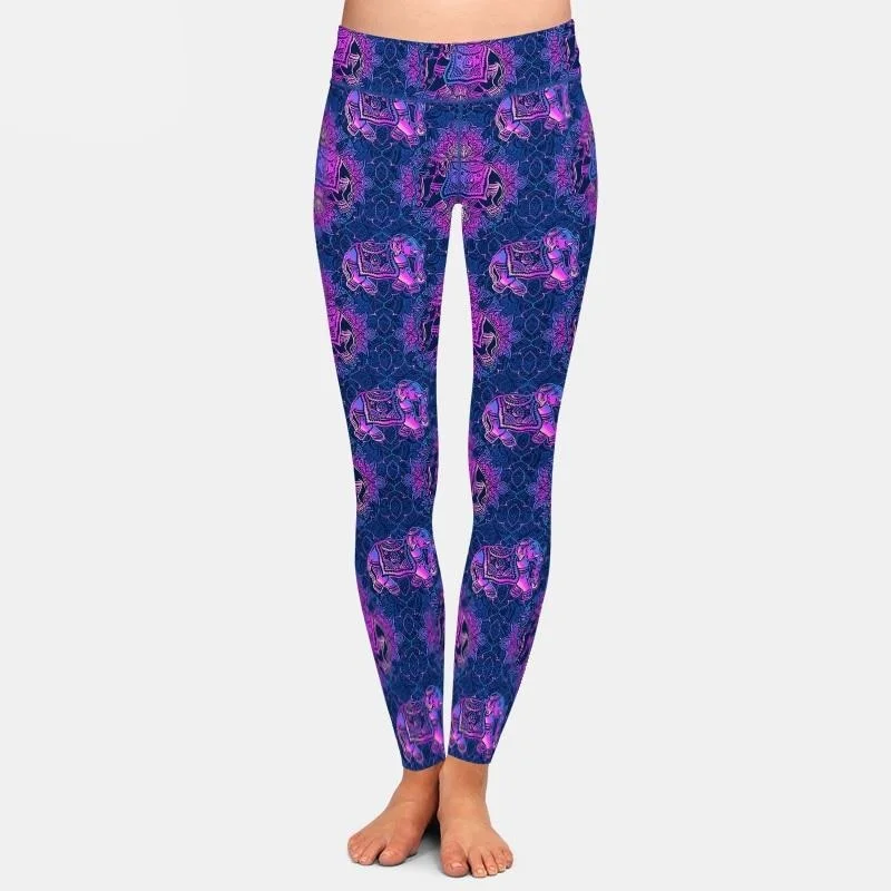 Ladies 3D Coloured Elephants & Mandala Lotus Paisley Printed Leggings