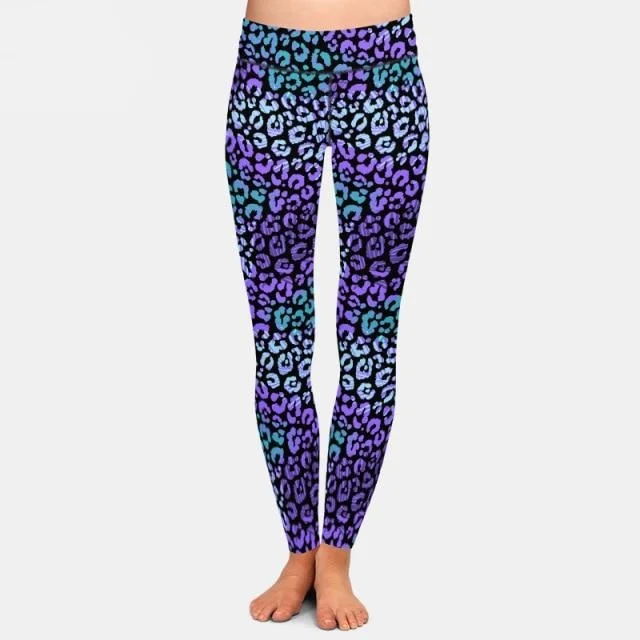 Ladies Beautiful 3D Purple Leopard Print & Leaves Patterned Leggings