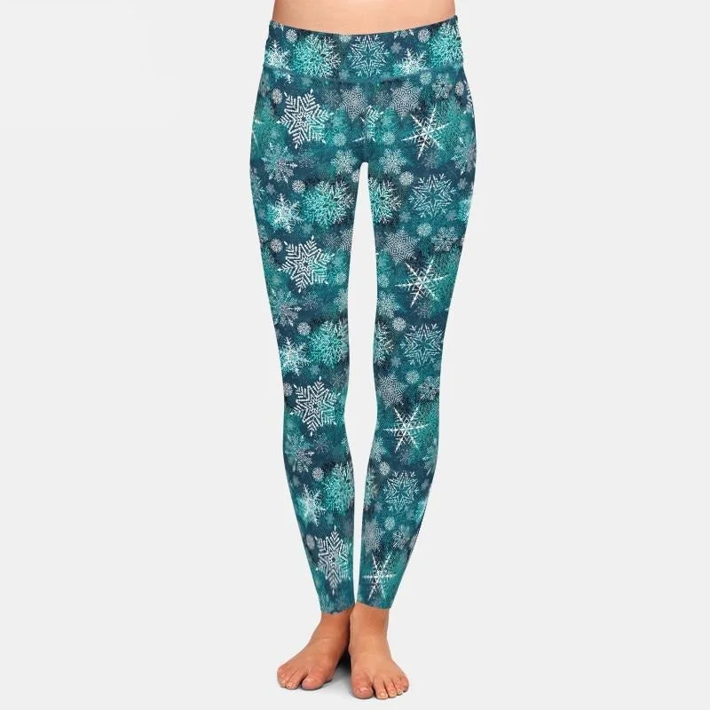 Ladies Beautiful 3D Teal Christmas Snowflakes Printed Leggings