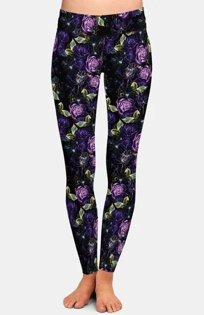 Ladies Beautiful Purple Rose Printed Leggings