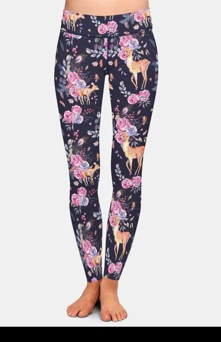 Ladies Cute Deer & Flowers Patterned Brushed Leggings