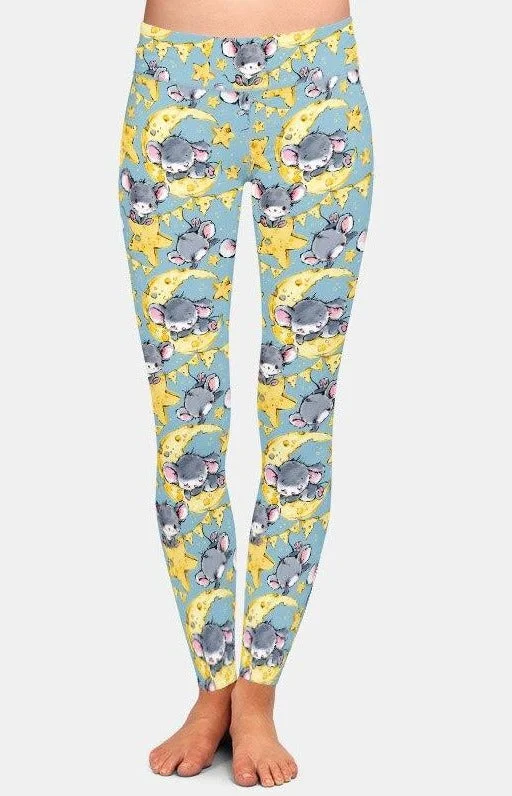 Ladies Cute Mice On The Cheese Moon Printed Leggings