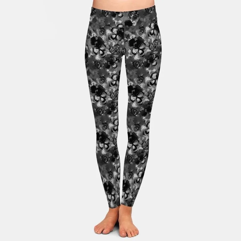 Ladies Grey Skull & Roses Patterned Leggings