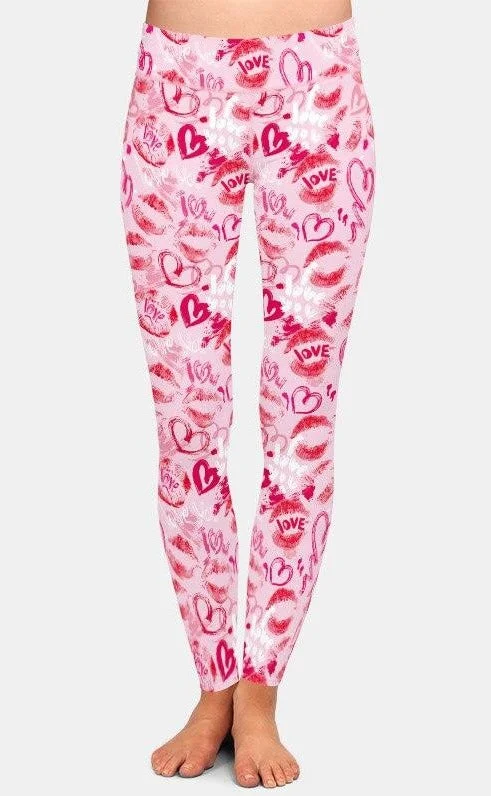 Ladies Valentines Day Style Lips & Hearts Printed Leggings