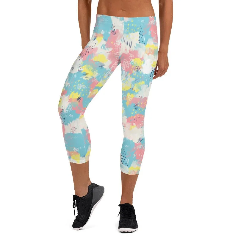 Pink and Blue Abstract Women's Capri Leggings