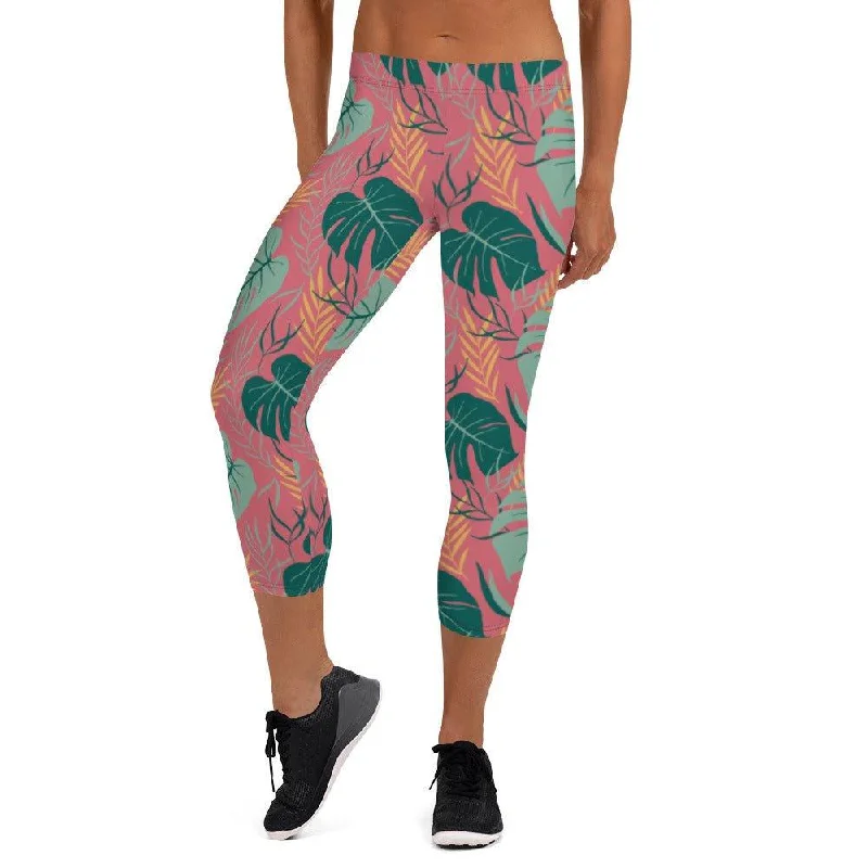 Pink Tropical Leaves Women's Capri Leggings