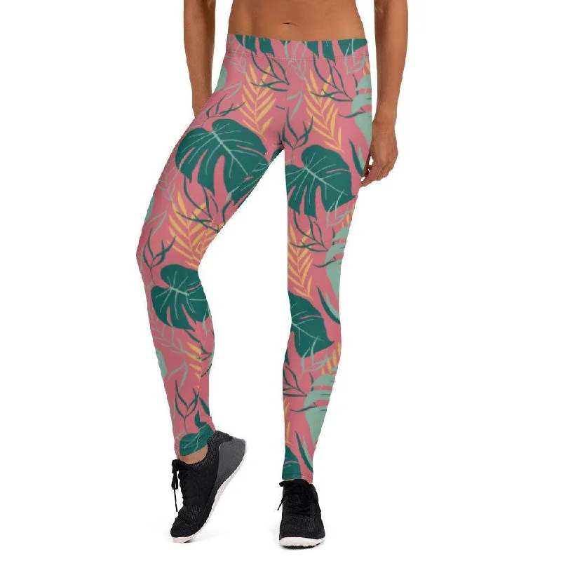 Pink Tropical Leaves Women's Mid-Rise Leggings