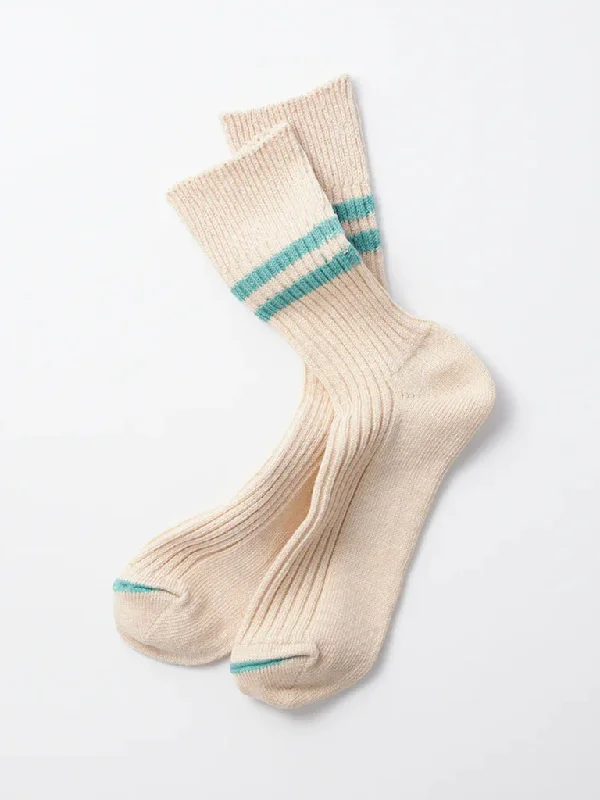 Rototo Organic Stripe Sock in White Sand Turquoise