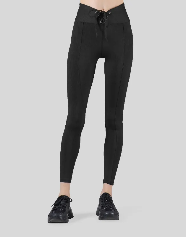 Ribbed Lace-Up Leggings - Black