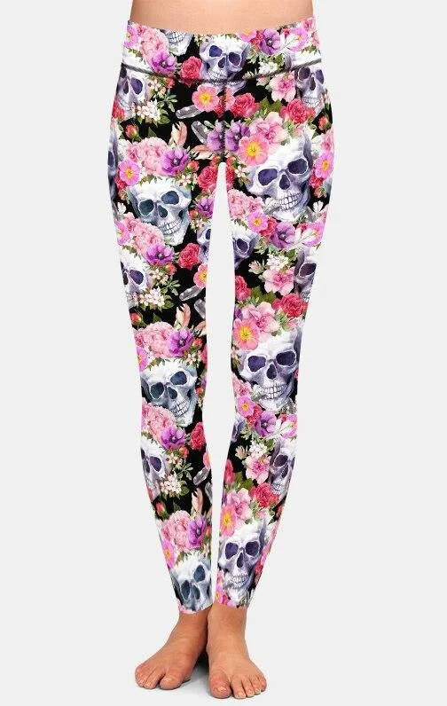 Womens 3D Skulls with Beautiful Flowers Printed Leggings