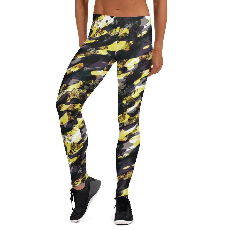 Yellow Camouflage Women's Mid-Rise Leggings