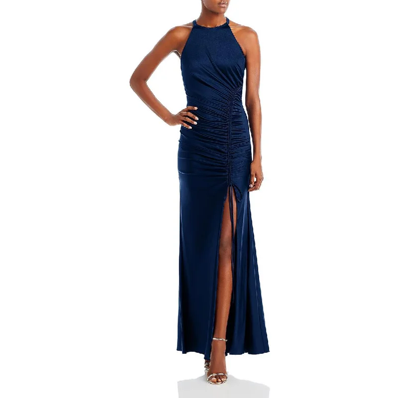 Aqua Womens Ruched Halter Evening Dress