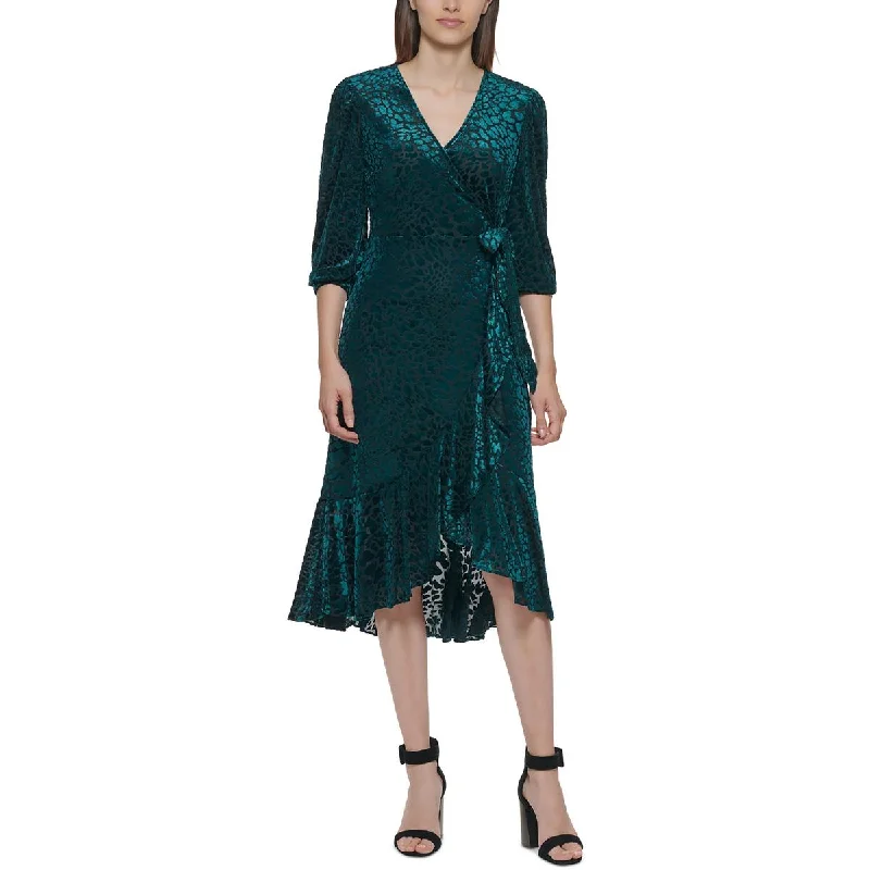 Calvin Klein Womens Petites Velvet Burnout Mid-Calf Wrap Dress