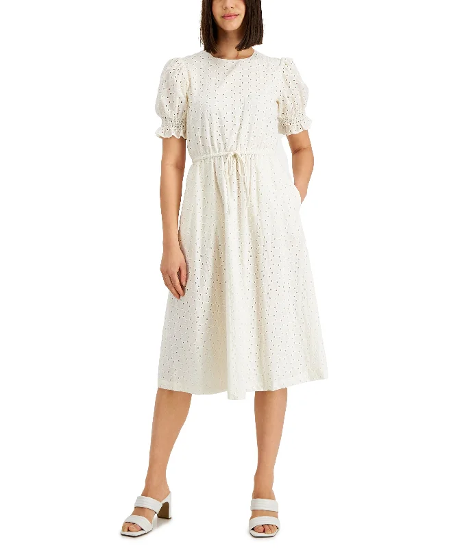 Cotton Eyelet Puff-Sleeve Midi Dress