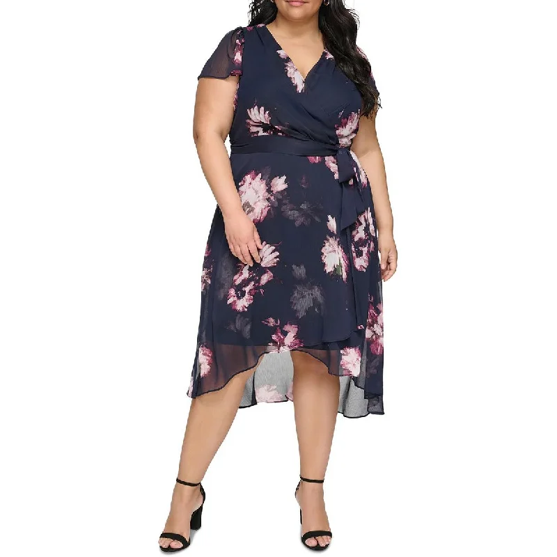 DKNY Womens Plus Chiffon Floral Wrap Dress