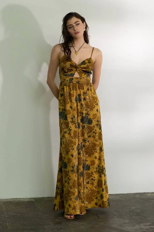 Gold Satin Floral Sleeveless Jumpsuit - Glamorous and Regal