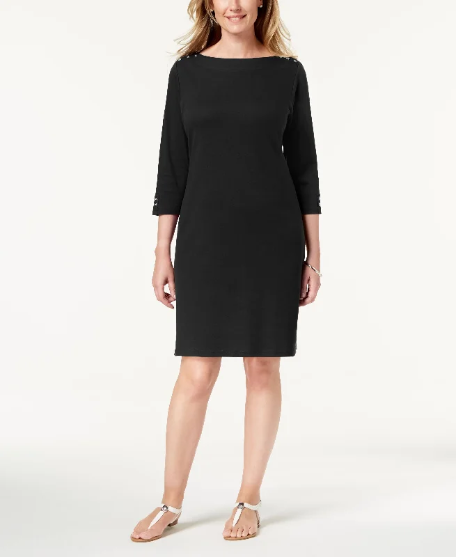 Karen Scott Cotton Button Shoulder Boatneck Dress