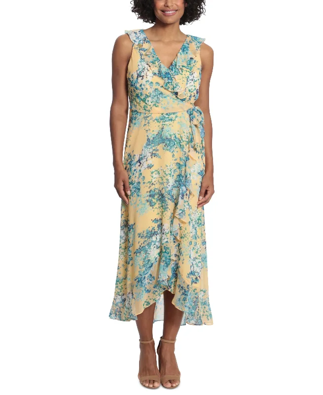 London Times Womens Ruffled Floral Midi Dress