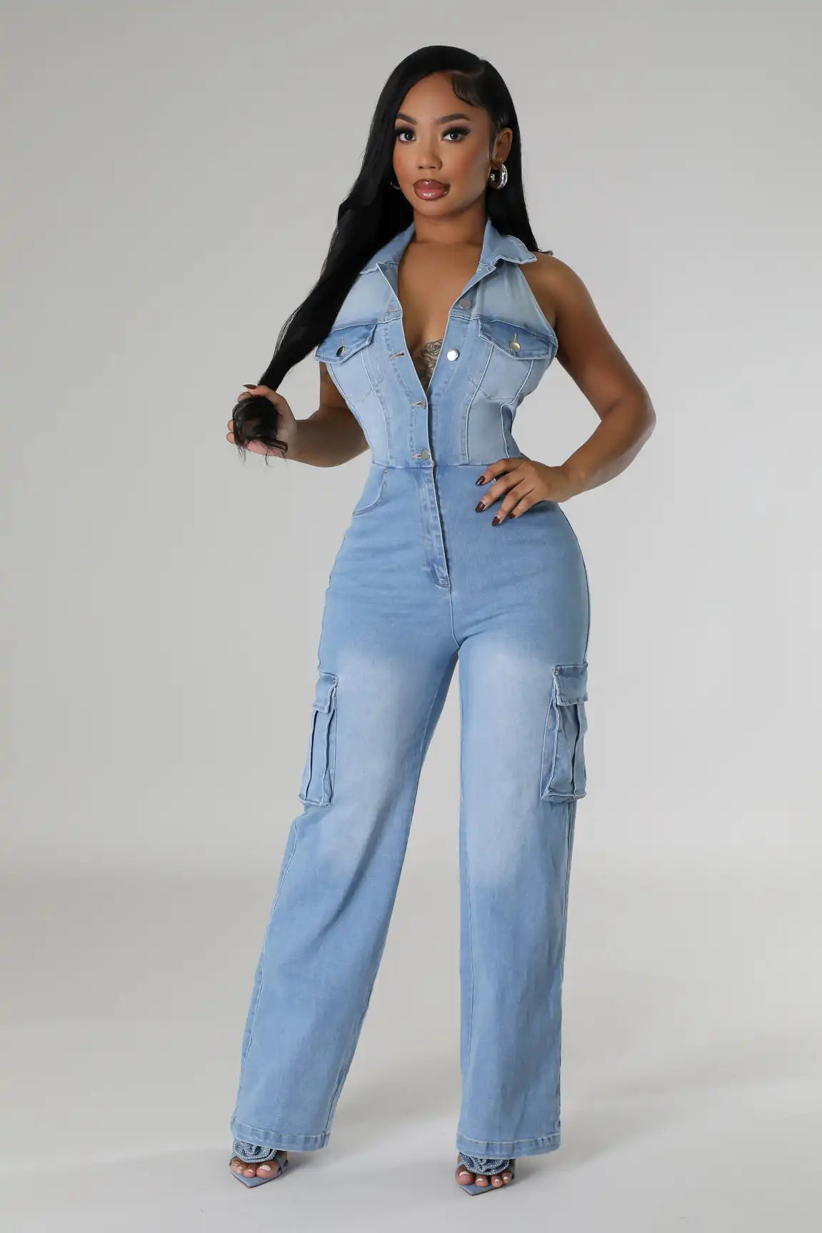 Blueberry Sorbet Stretch Denim Cotton Womens Jumpsuit