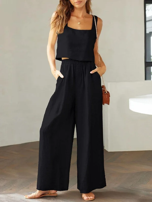 Square Neck Top and Wide Leg Pants Set in 8 Colors