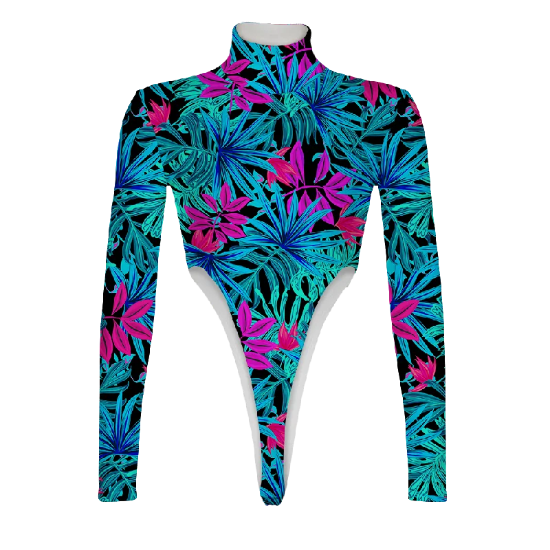 Tropical Leaves Turtleneck Long Sleeve Jumpsuits