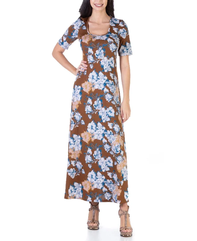 Women's Floral Elbow Sleeve Loose Long Casual Maxi Dress