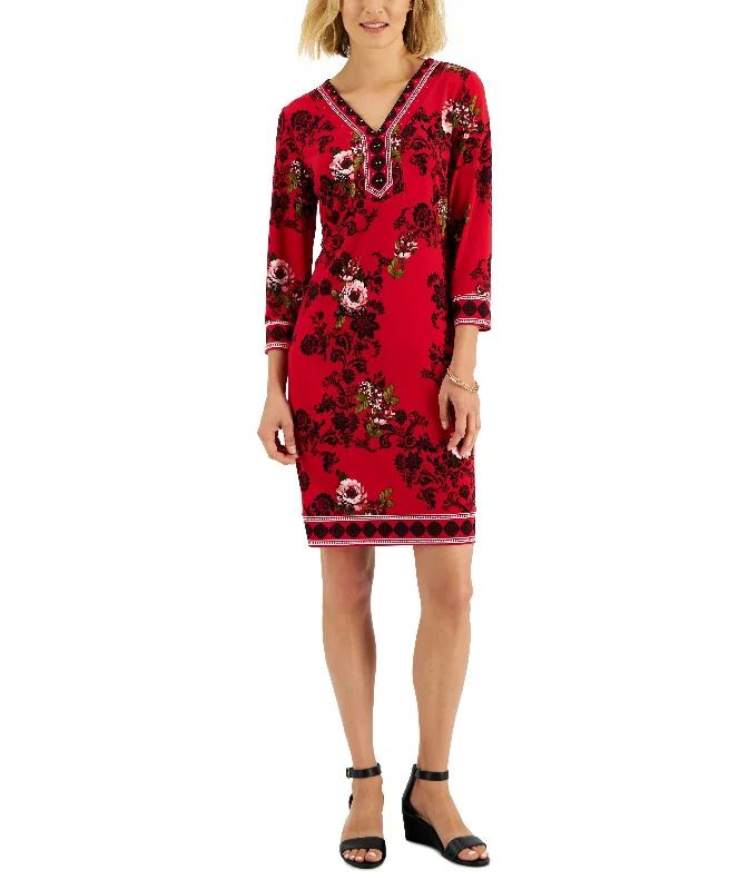 Women's Floral Rhinestone-Trim A-Line Dress